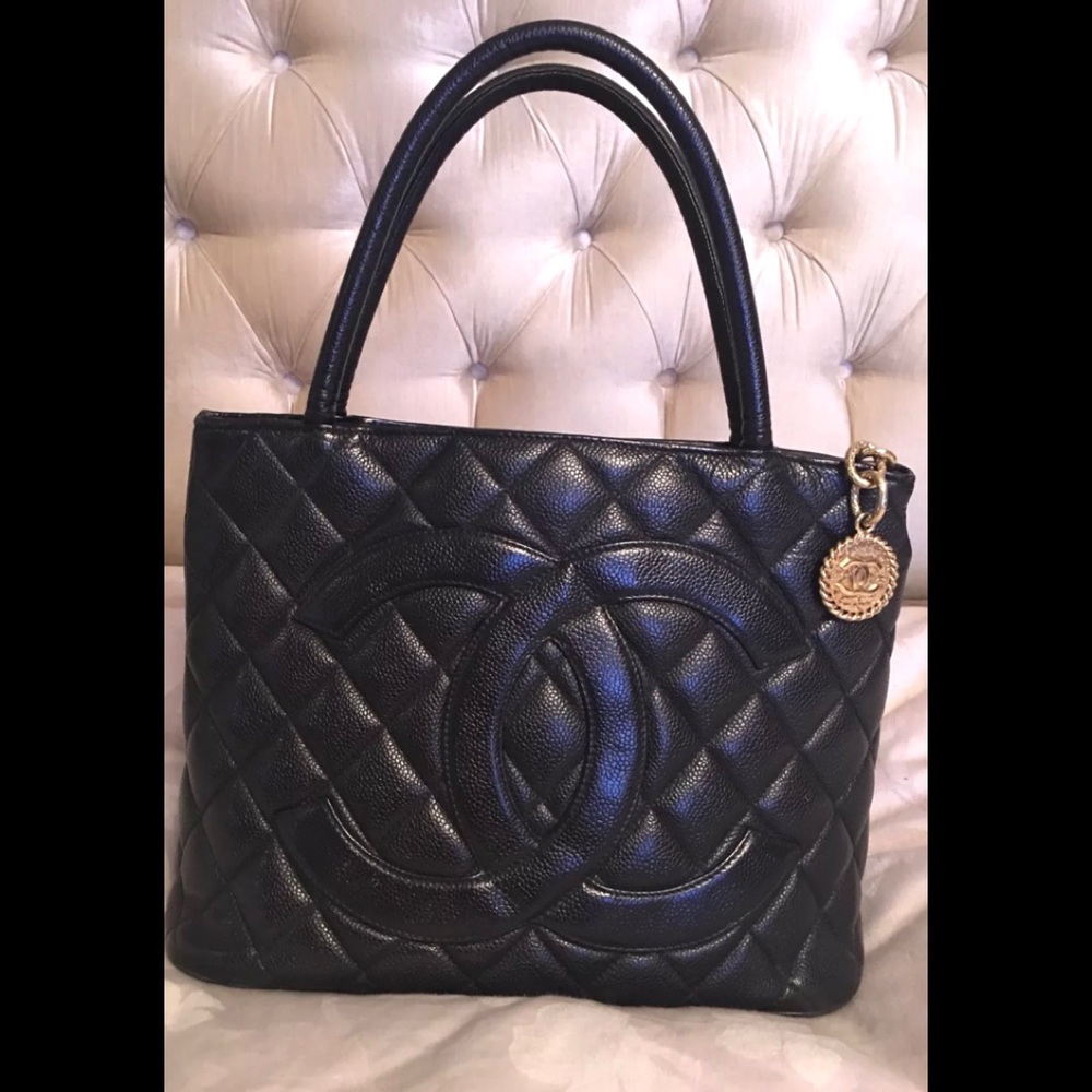 CHANEL Black Quilted Cavier Leather Medallion Bag